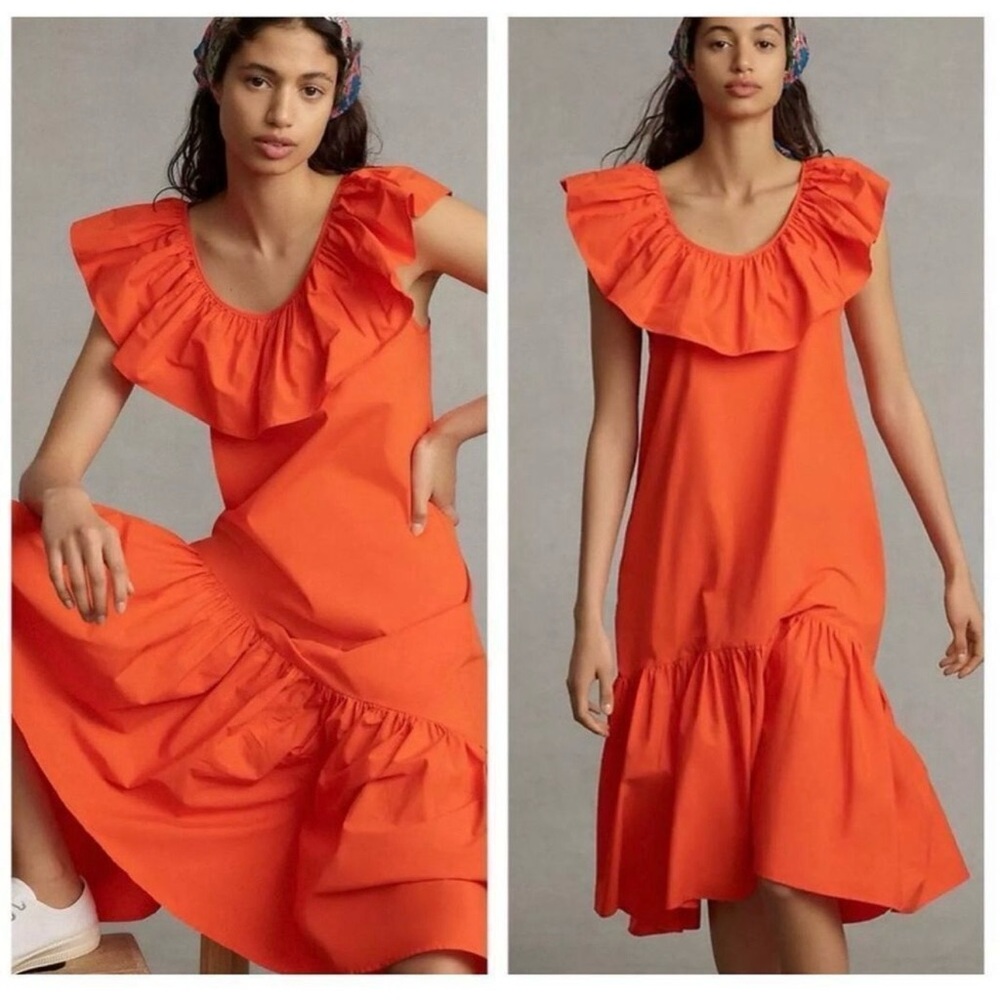 NWT Anthropologie WHIT TWO Flouncy Ruffled Orange Oversized Nap Maxi Dress XS